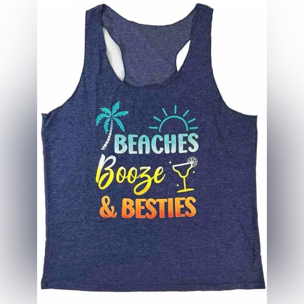 Beaches Booze & Besties Palm Tree Racerback Tank Top Blue Women Sizes L & XL NWT